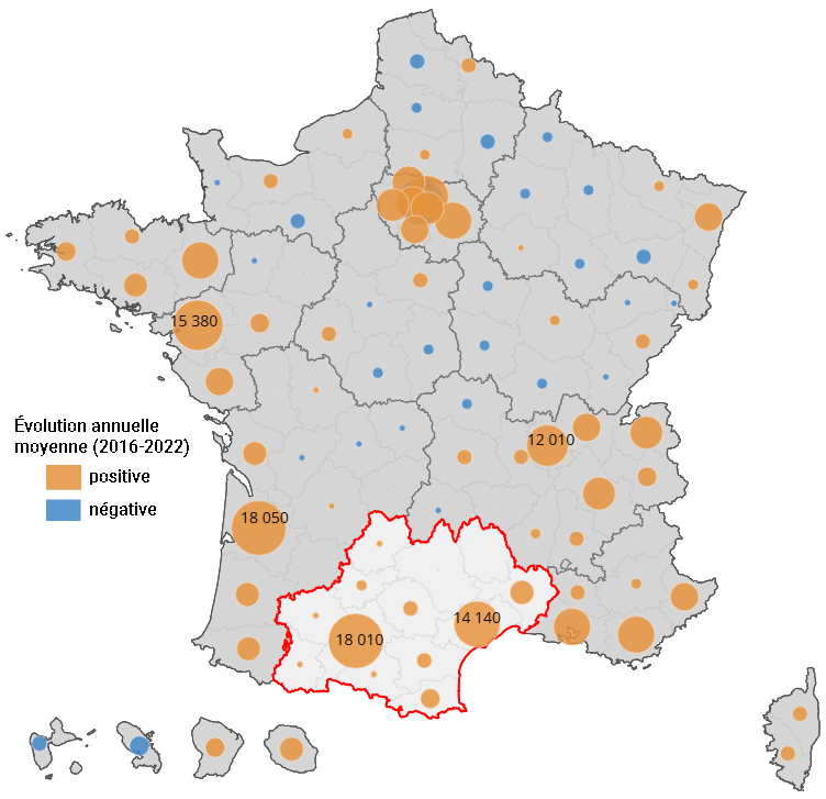 Évolution annuelle moyenne de la population par département (2016-2022)